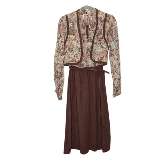 VTG 70s Groovy Vest Dress Quilted Brown Floral - Picture 1 of 12